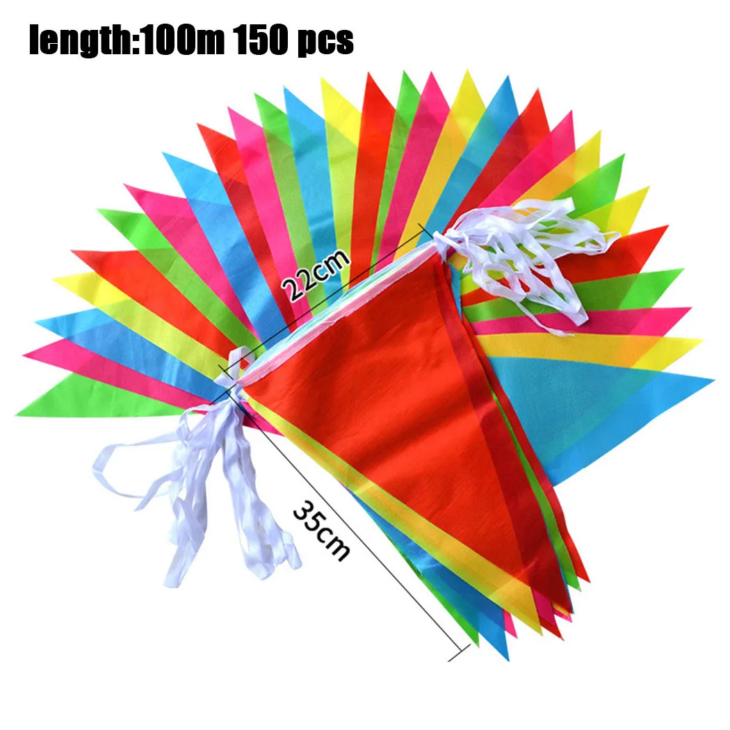 

Треугольные флаги 100 метров, флажки, баннер, выемка, разноцветные флаги 22*35 см 150, подвесное украшение для фестиваля, уличное украшение