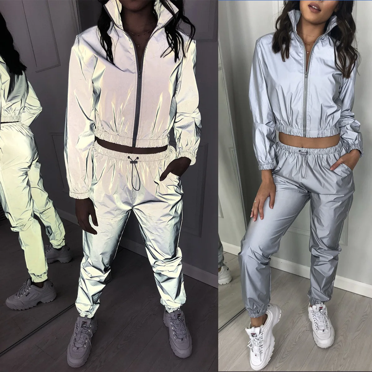 

2023 new women reflective tracksuit zip long sleeve jacket pants nightclub costume rave outfits hip hop costume clothes