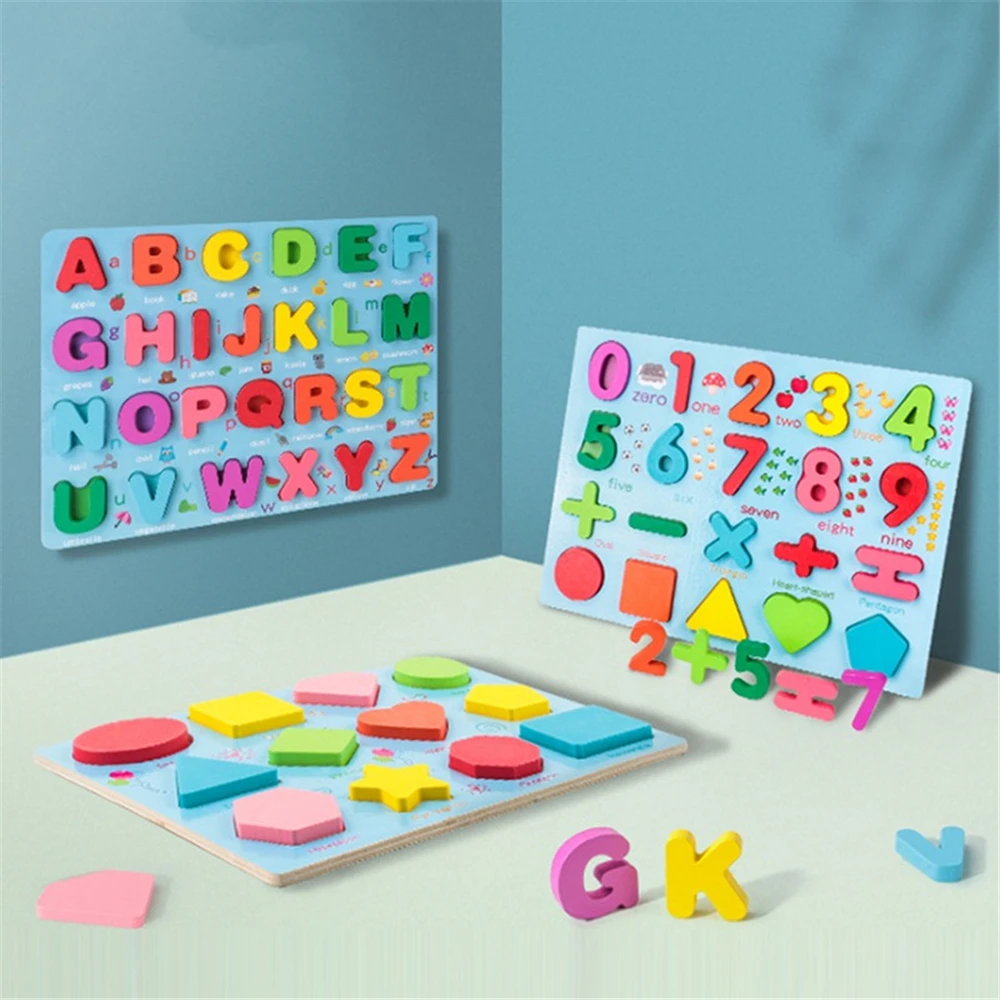 

1 PC Wooden Board with Colorful Alphabet Number 3D Puzzle Kids Early Educational Toy Matching Letter Family Game