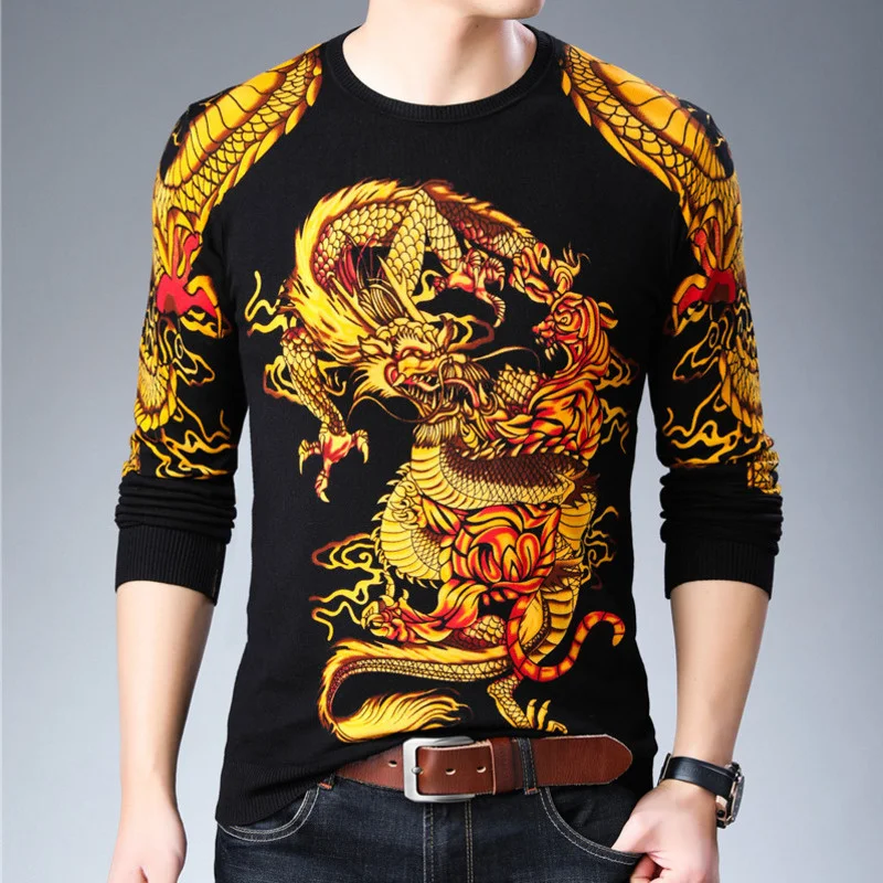 

2020 Clothes Fashion Pullover Erkek Kazak New Dragon Printed Sweater Mens Sueter Hombre Slim Fit Pull Homme Mens Chompas Hombre