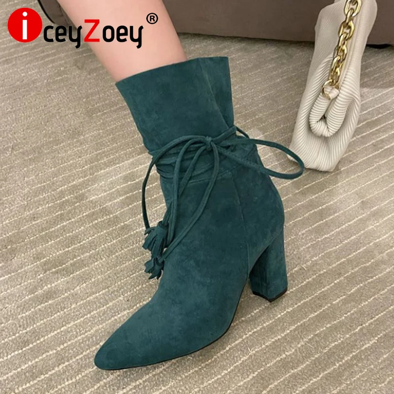 

IceyZoey New Arrival Women Ankle Boots Thick Heel Tassel Winter Woman Shoes Pointed Toe Fashion Party Ladies Footwear Size 35-40