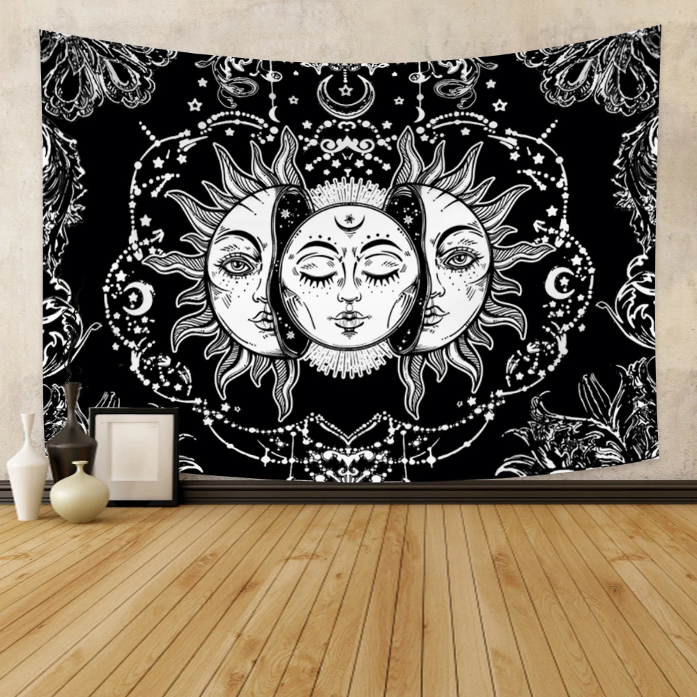 Mandala Tapestry White Black Sun And Moon Fantasy Tapestry Wall Hanging Tarot Hippie Bohemian Wall Rugs Dorm Decor Blanket