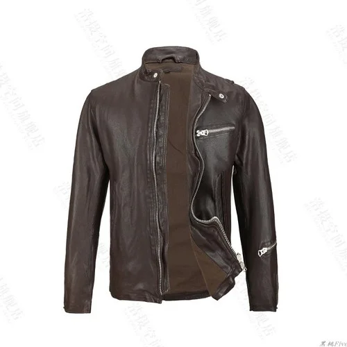 

Real Leather Jacket Mens Vegetable Tanned Sheepskin Leather Coat Motorcycle Thin Cloth Short Stand Collar Biker Jacket Specials
