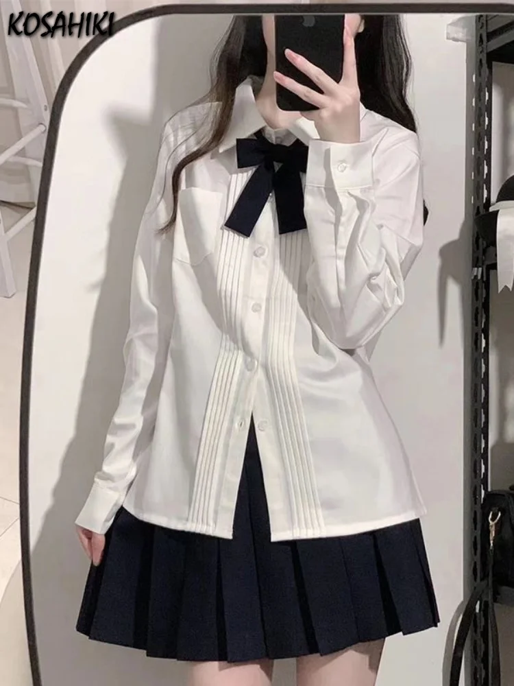 

Японская блузка JK в стиле преппи Kawaii Lolita белая рубашка винтажная блузка с длинным рукавом и милым бантом Y2k женский плиссированный топ