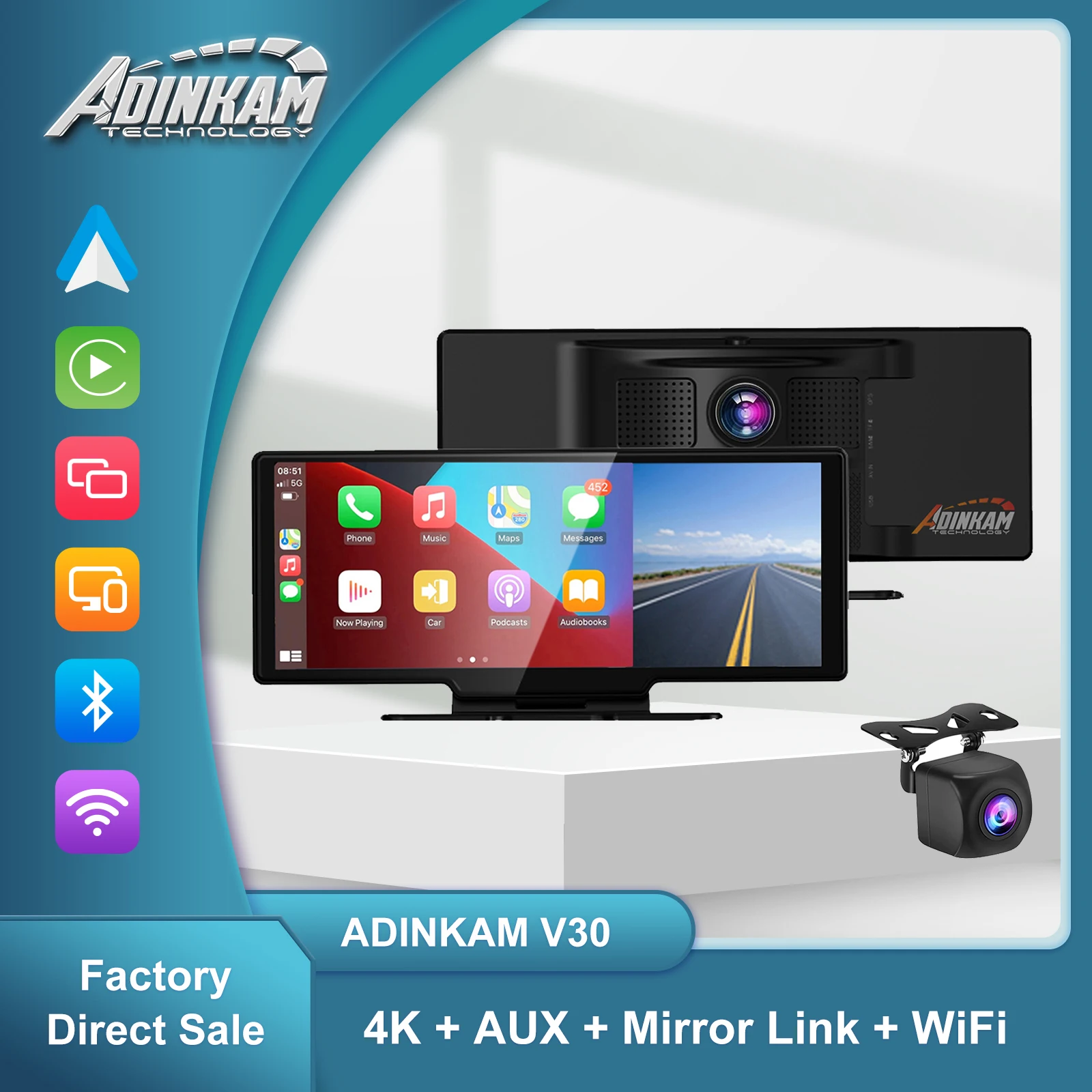 

Видеорегистратор ADINKAM, 10,26 дюйма, 4K, с двойным объективом