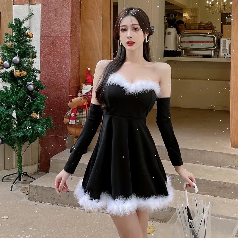 Очаровательное рождественское меховое платье женское сексуальное вечернее ужин