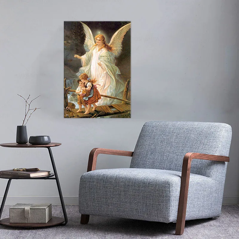 Холст с принтом Lindberg Heilige Schutzengel Guardian Angel and Children Crossing Bridge Religion вдохновляющее