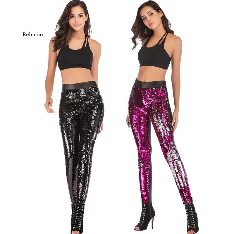 

Уличные леггинсы с блестками, женские кожаные облегающие длинные брюки-стрейч с вышивкой, облегающие брюки с цветными блестками, Клубная одежда, осень-зима