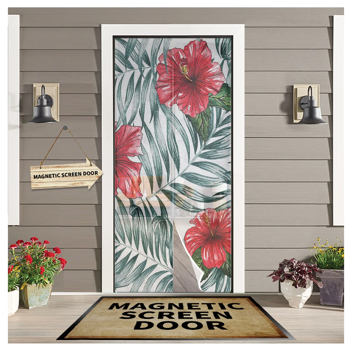 

Red Hibiscus Flower Green Plant Leaves Curtain Anti Mosquito Insect Curtains Magnetic Net Mesh Door Screen Kitchen Curtain