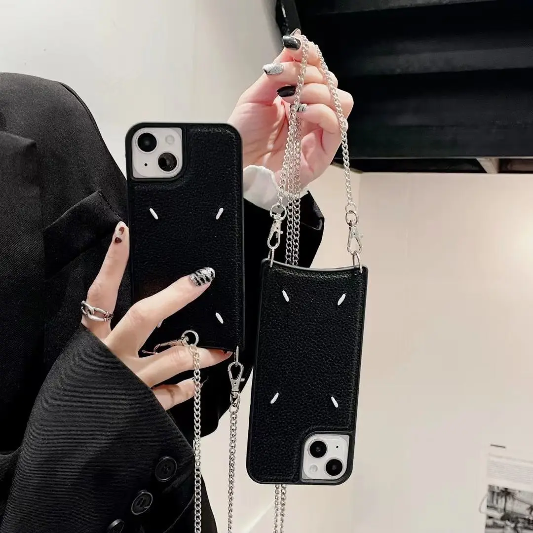 

Luxury brand embroidery Lychee pattern leather Phone Case For iPhone 12 13 Pro Max 11 Back With Lanyard crossbody chain Cover