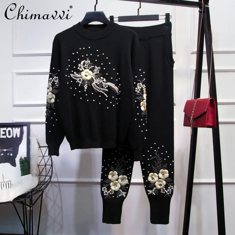 

European Style Fashion Flower Pearl Two-Piece Set 2022 Spring New Loose Knitted Sweater Skinny Pants Casual Elegant Outfit Women