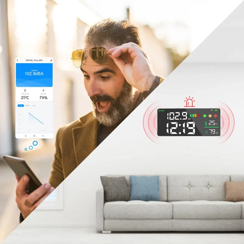 DM165A-WIFI Измеритель уровня звука шума Детектор Настенные часы температуры и