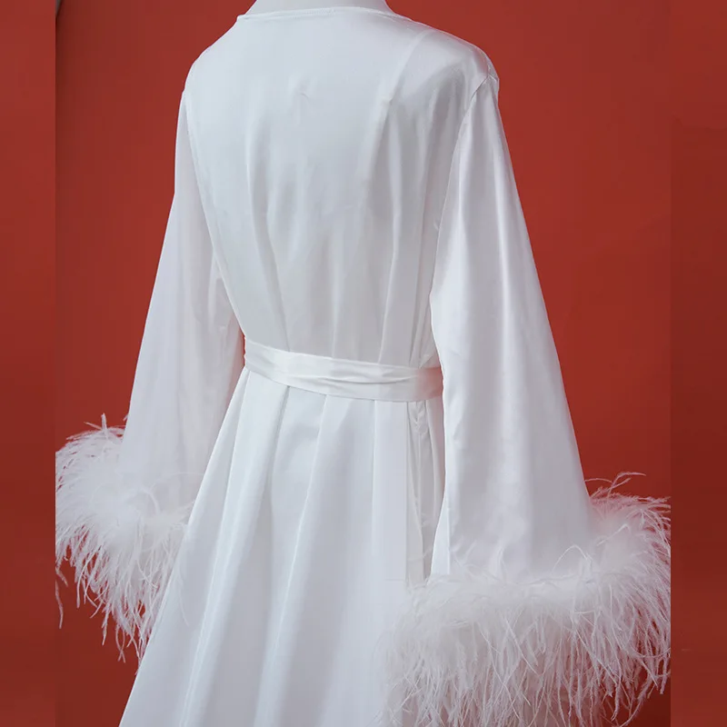 Morning gown bride fetish wedding luxury white ostrich feathers trailing long dress two-piece night dress пижама женская