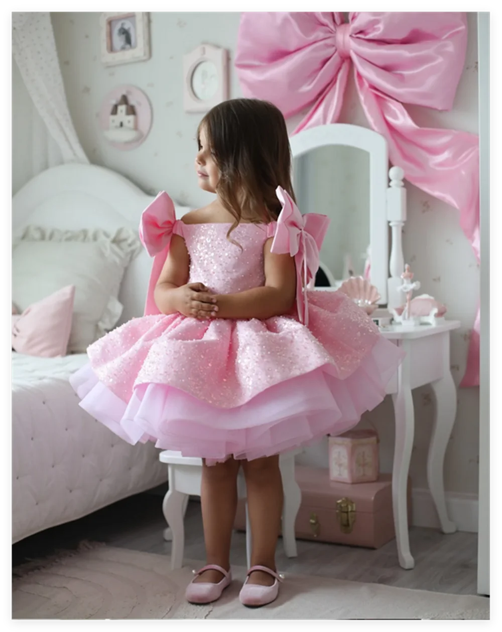 Sprankelend Roze Bloemenme Girl Jurk Voor Bruiloft Gezwollen Pailletten Kralen Met Strik Mooie Kinderen Verjaardagsfeestje Eerste