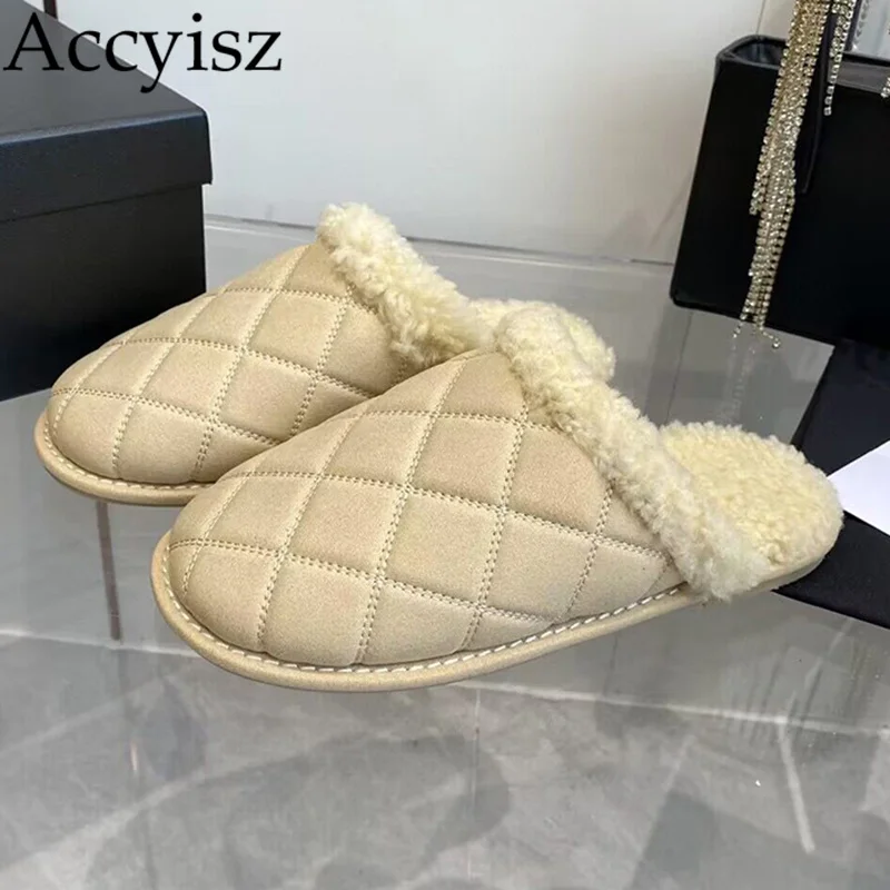 

Flat Bottom Checkered Pattern Suede Closed Toe Slipper Women Real Wool Lining Slippers Autumn Winter Home Shoes Lazyman Mules