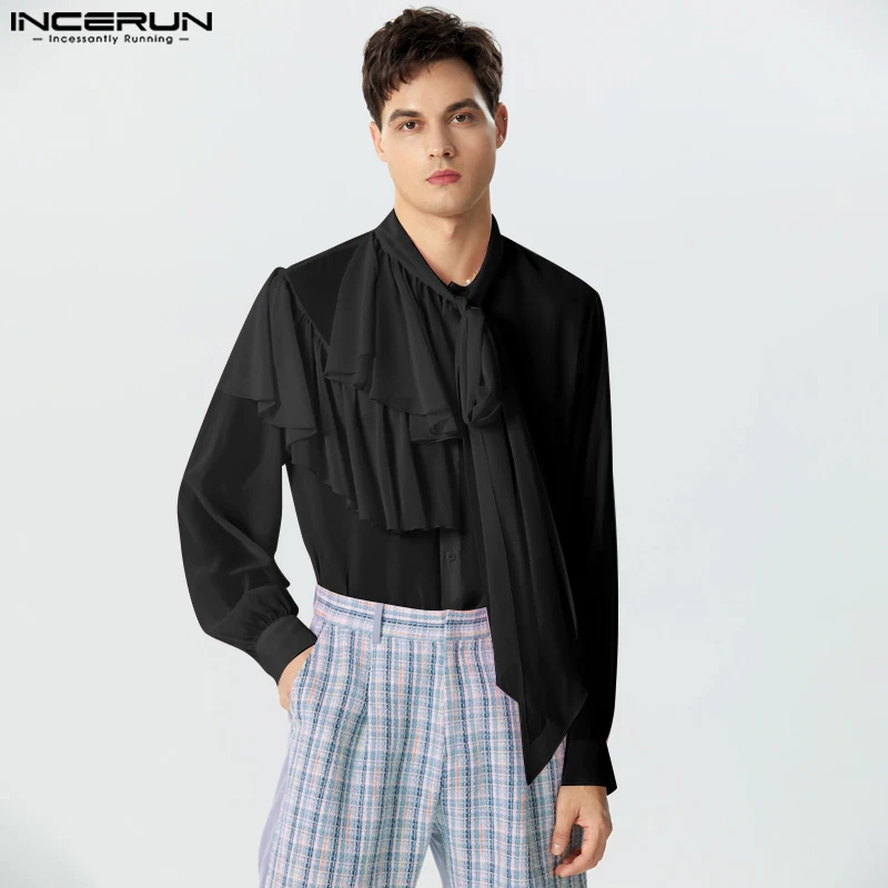 

INCERUN Men Shirt Solid Stand Collar Long Sleeve Ruffle Streetwear Men Clothing Transparent 2023 Loose Fashion Sexy Camisa S-5XL