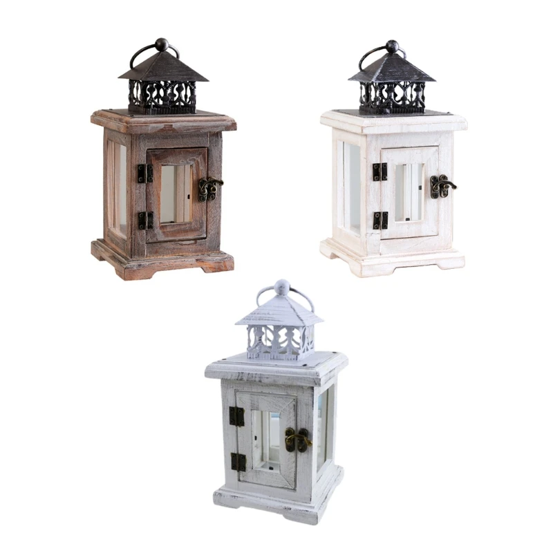 

8.6 Inch Rustic Wood Metal Candle Lantern for Table Top Mantle Wall Hanging G99A