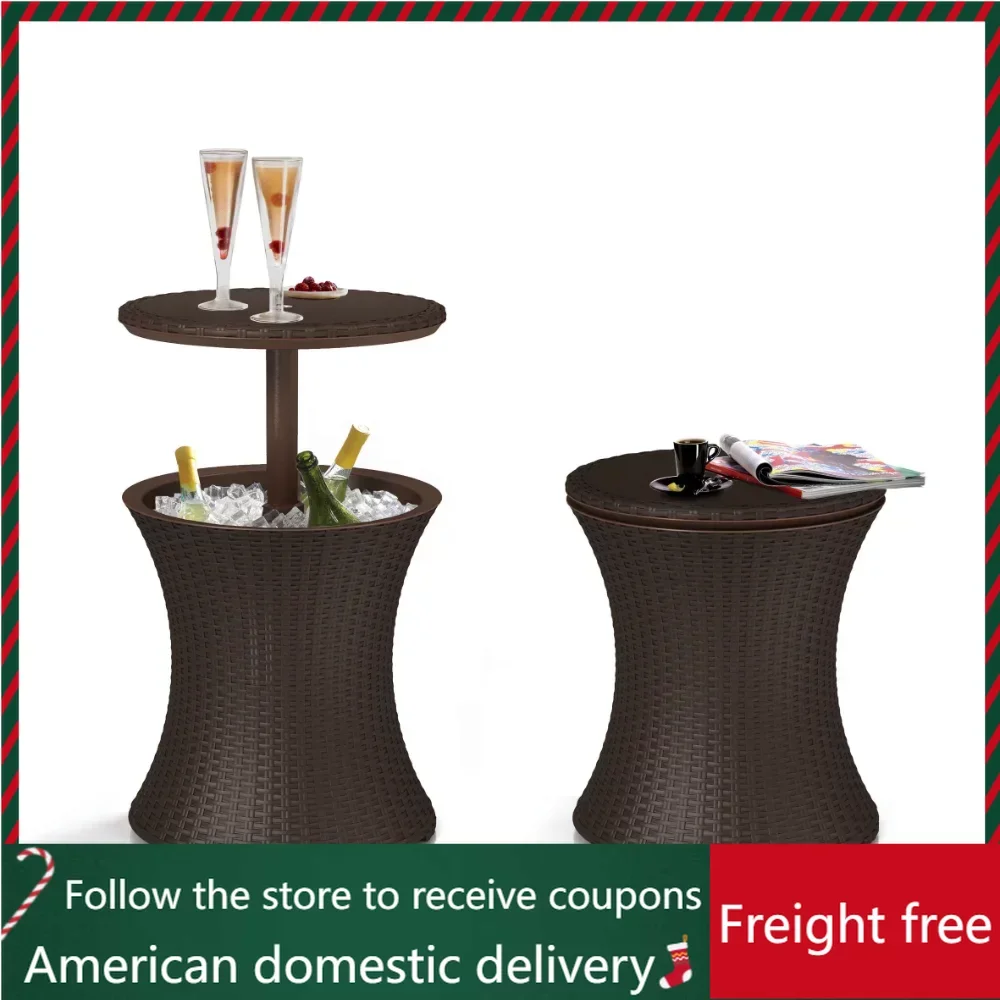 

7.5 Gallon Cool Bar, Resin Outdoor Patio Beverage Cooler Table, Extra Storage, Rattan Look Brown