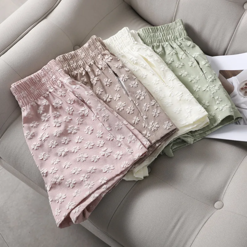 Women Shorts New Summer High Waist Jacquard Short Pants A-line Elastic Waist Wide Leg Korean Fashion Thin Casual Sport Shorts