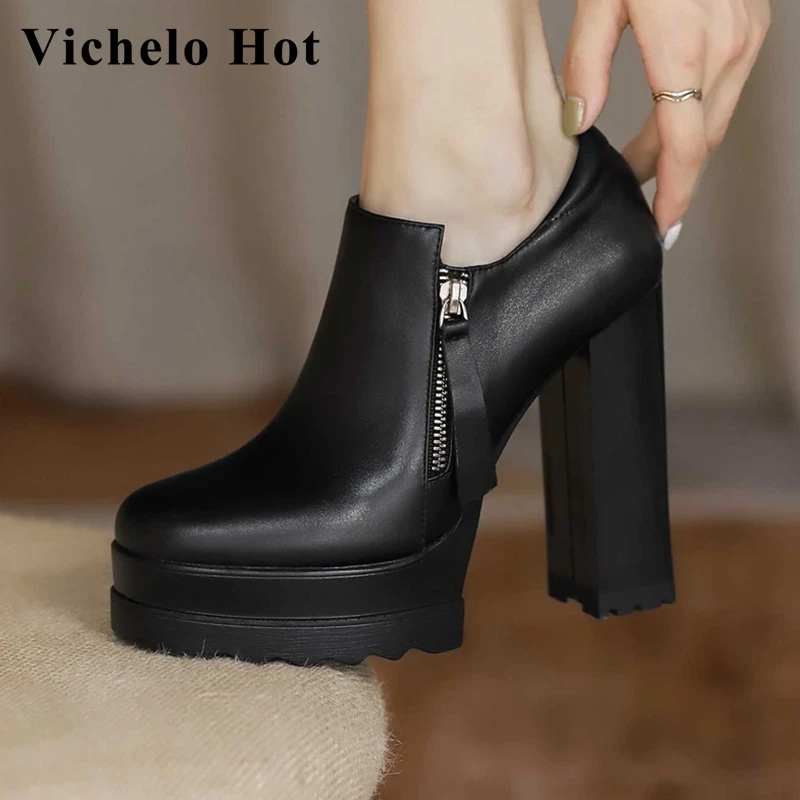 

Популярные туфли Vichelo из натуральной кожи с круглым носком на очень высоком каблуке на платформе в европейском стиле для зрелых девушек Под...