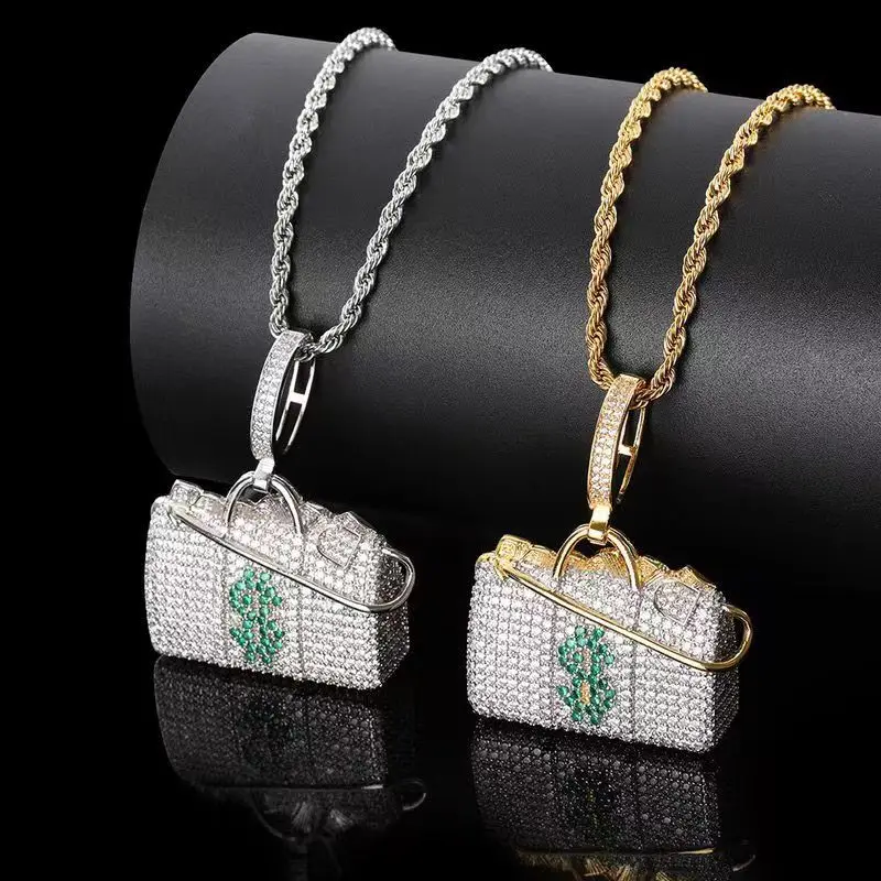 

Lced Out Embellished Shiny Dollar Wallet Pendant Men Women Rapper Necklace Hip Hop Rock Cool Jewelry Accessory