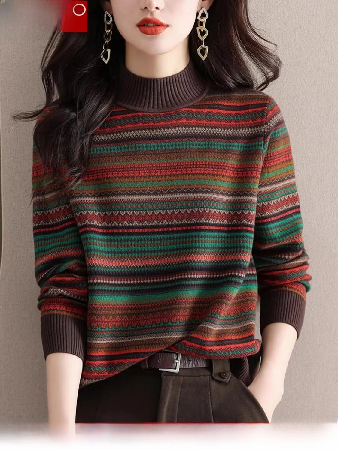 Hengyuanxiang Pure Wool Sweater Women Half-high Collar Retro Jacquard Autumn and Winter Western Sle Striped Knitted...