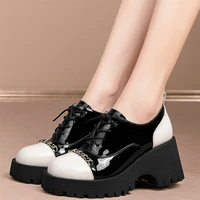 2022 punk chain creepers women genuine leather high heel ankle boots female lace up round toe platform pumps shoes casual shoes