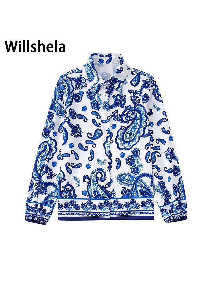 

Willshela Women Fashion Printed Single Breasted Blouse Vintage Long Sleeves Lapel Neck Female Chic Lady Shirts
