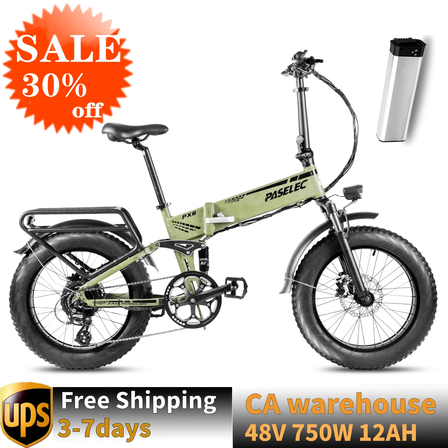 

20inch Fat Tire Powerful Electric Bicycle PX6 48V12Ah Foldable EBike 750W Brushless Motor Adult Electric Bike Snow Bicycle