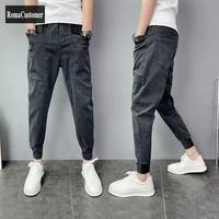 spring summer mens new solid casual jeans elastic waist harem pants korean version handsome male trend ankle length pants