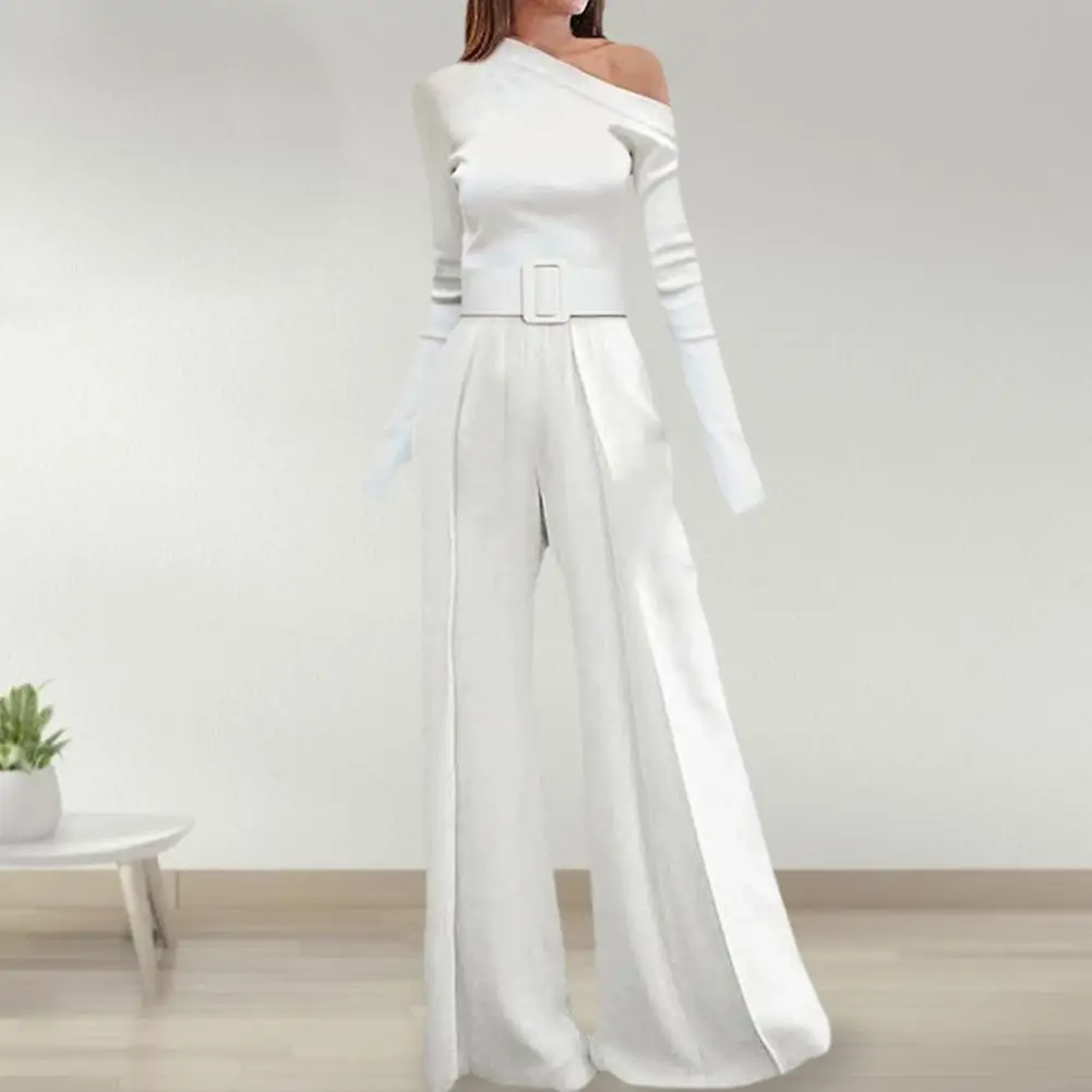 

Elegant Wear-resistant Oblique Neck Wide Leg Banquet Jumpsuit Female Garment
