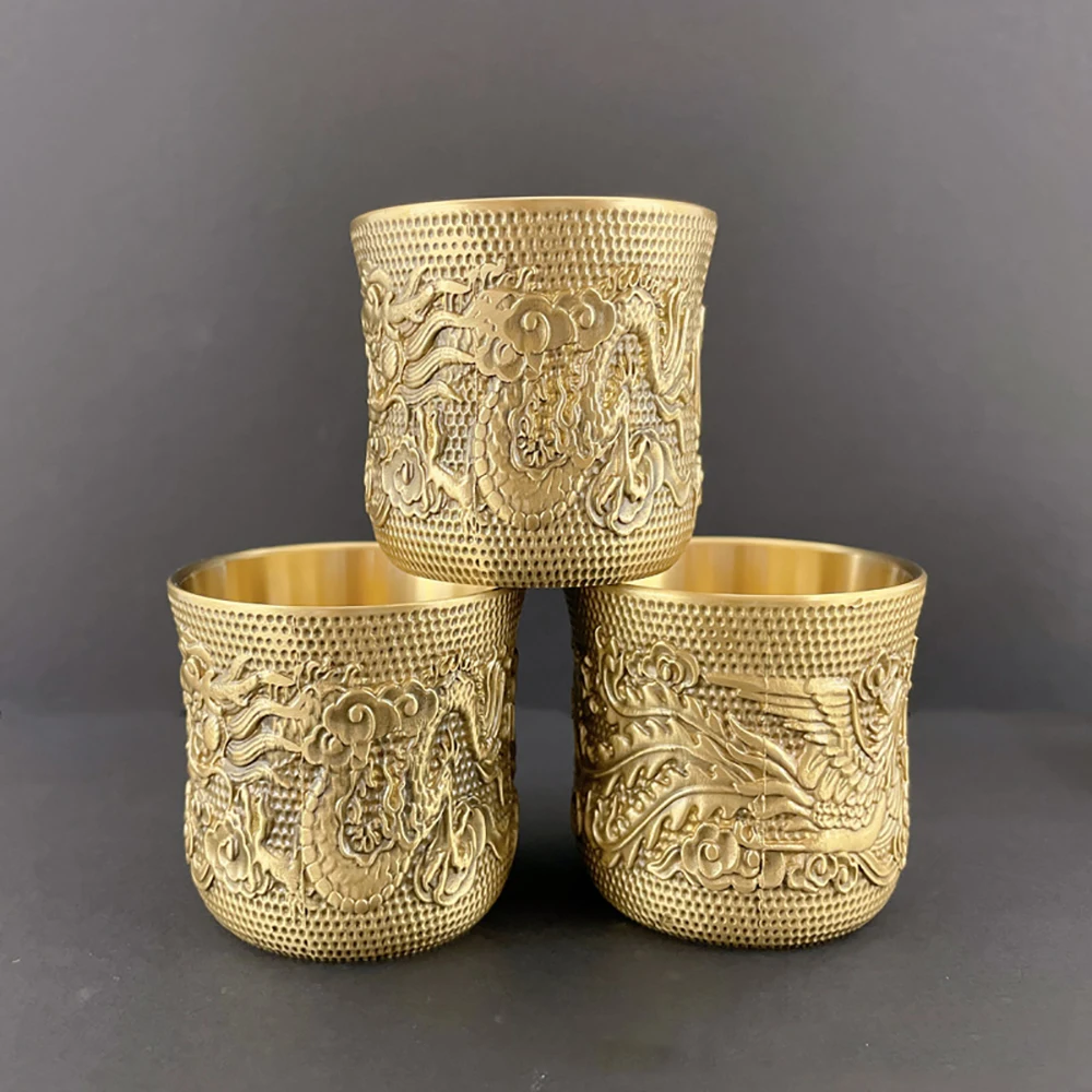 Brass Solid Dragon and Phoenix Cup Baifu Cup Water Cup, Pure Brass Decorative Handicraft,Traditional Wine Set, Baifu Tea Cup