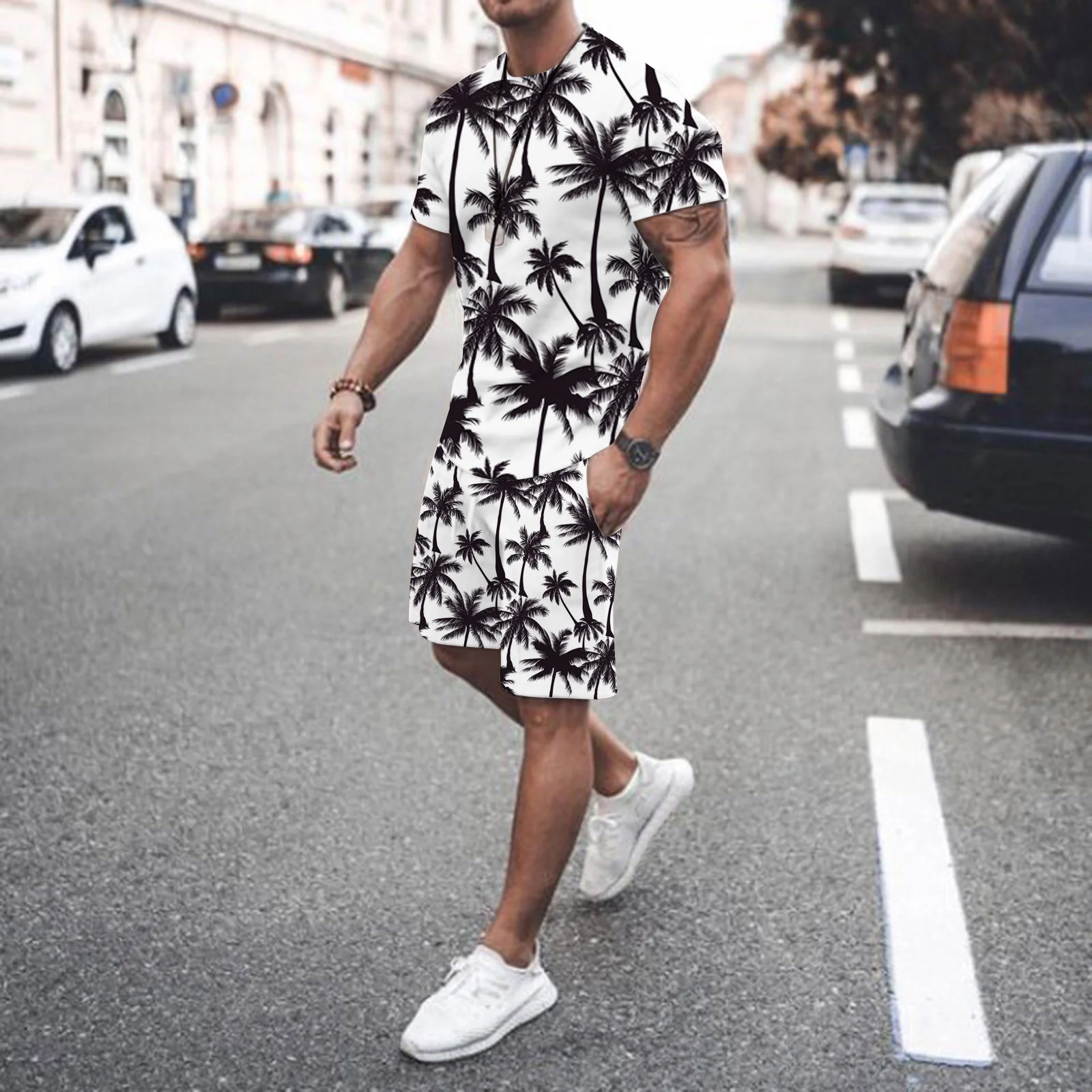 

New Summer Fashion Men's 2 Piece Set Tracksuits Casual Short Sleeves Print T-shirt+shorts Pants Suits Camisetas Ropa Hombre