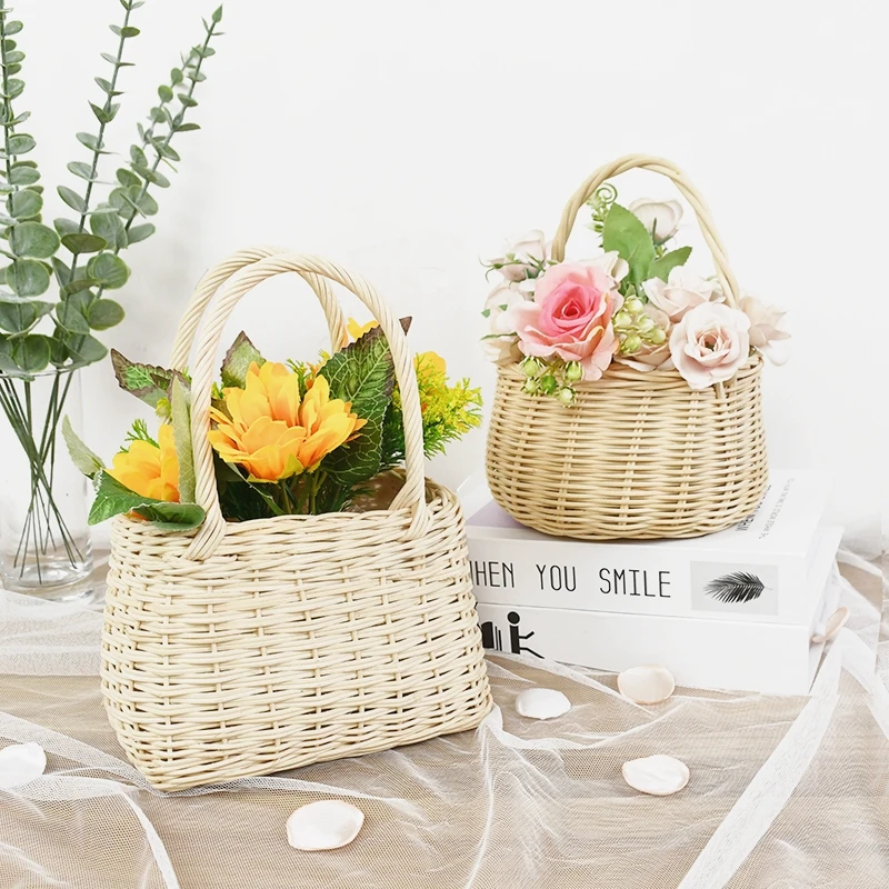 

Плетеные мини-корзины из ротанга с ручкой, круглая Свадебная корзина для девочек с цветами, украшение для дома и сада, цветочный горшок