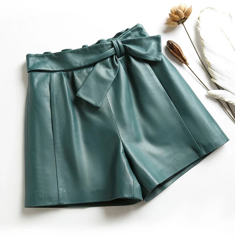 2022 Spring Women Harajuku Genuine Leather Shorts Elastic High Waist Bowknot Green/Black Casual Short Mujer Wide Leg Streetwear