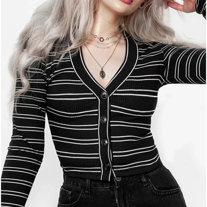 

Gothic Women kintted Striped Mall Black vintage long sleeve y2k Aesthetic Casual T-Shirts Grunge E-girl Button Up Alt Clothing