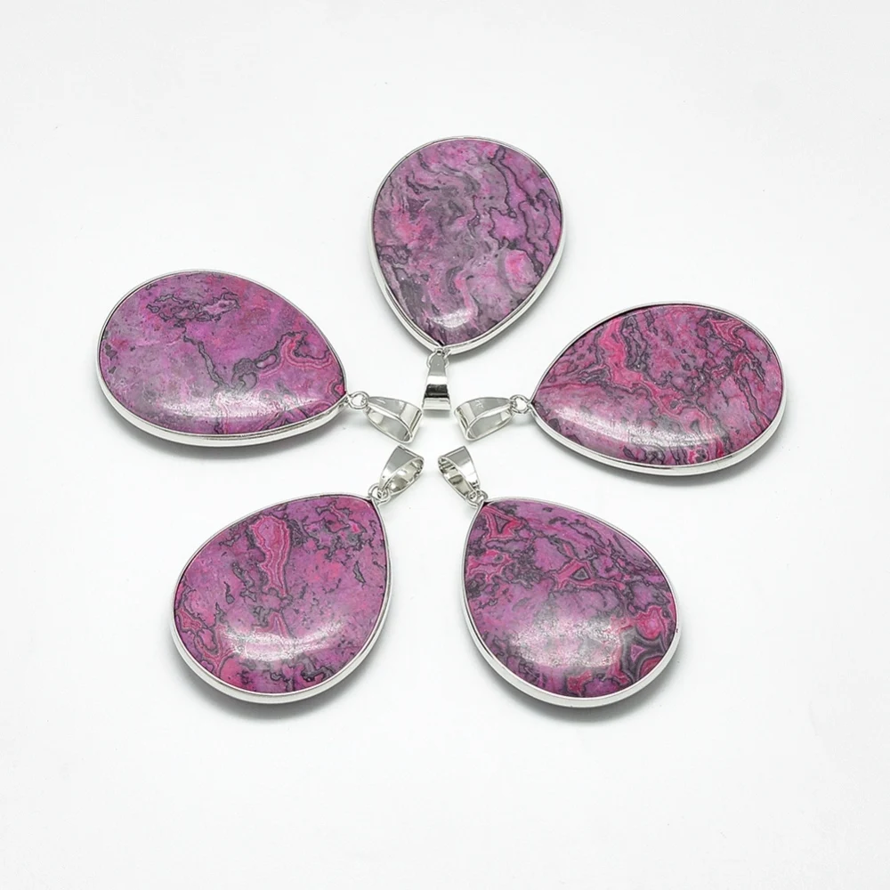 

5pcs/Lot Natural Black Silk Stone/Netstone Pendants with Platinum Tone Iron Findings Dyed Teardrop Orchid 50x36x9mm Hole: 6x10mm