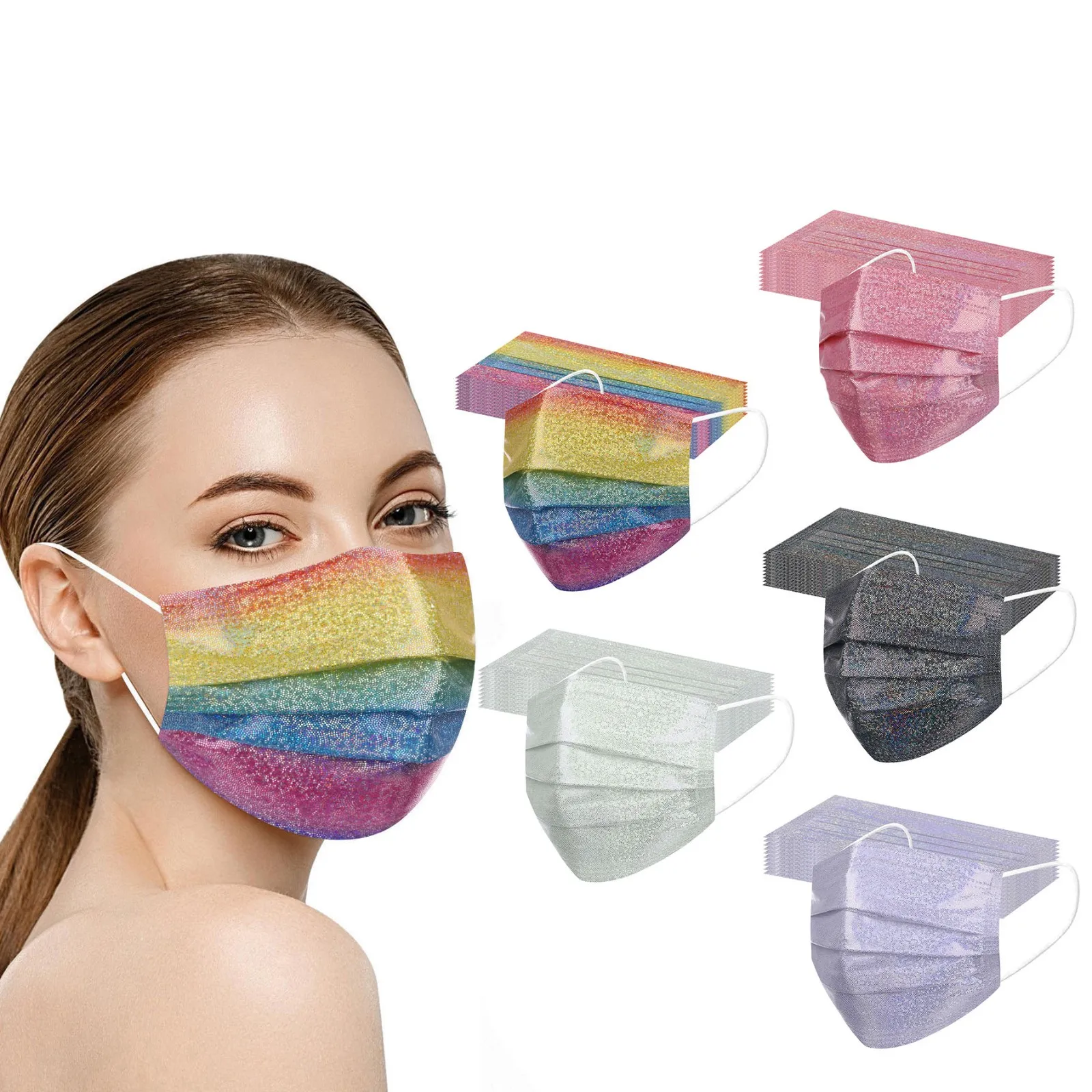 

50PC Adult Disposable Masks Bronzing Reflective Flash 4-layer Protect Print Mask Filter Pm2.5 Mask Party Earloop Bandage Masques