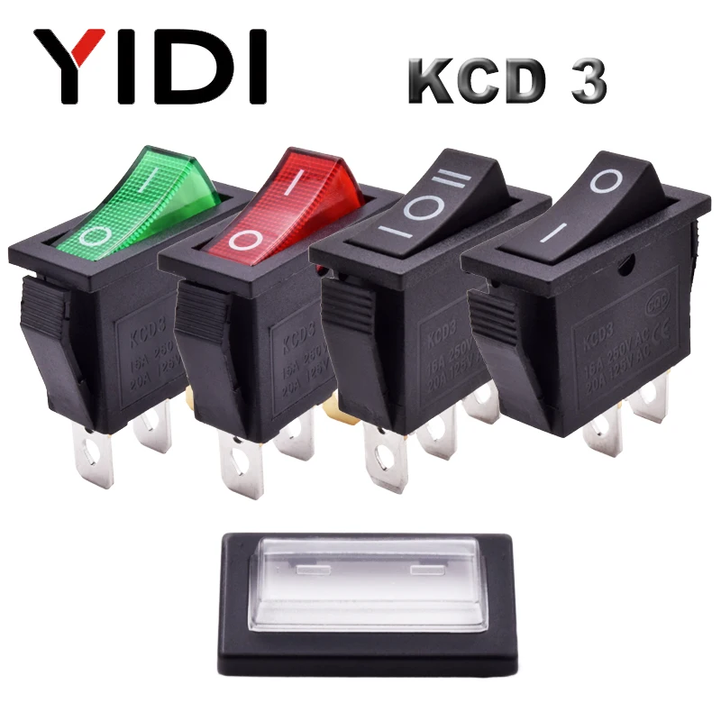 10pcs/lot 15A/250VAC KCD3 Rocker Switch ON OFF/ON-ON/ON-OFF-ON SPST Red Green Blue Yellow Light Black Rorcker Toggle - купить по