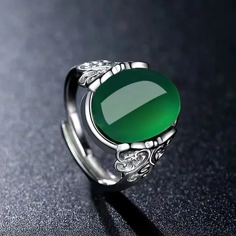 

Jade Chalcedony Retro Silver Plated Gemstone Butterfly Opening Women's Ring