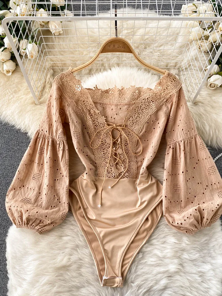 

Women Sexy Hollow Out Lace Playsuits Khaki V-Neck Bandage Romper Elegant Puff Long Sleeve High Waist Embroidered Jumpsuits New