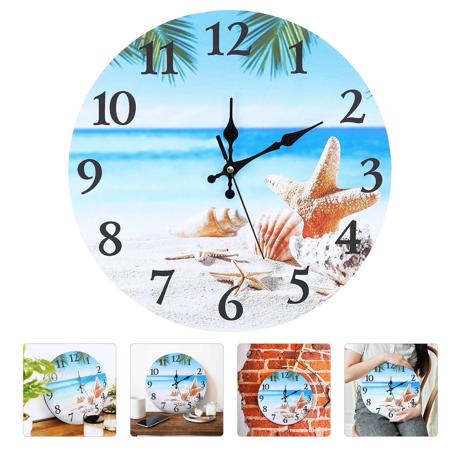 

Clock Wall Hanging Beach Round Silent Decorative Bedroom Non Ticking Mute Room Arabic Numerals Clocks Seasidehousehold Living