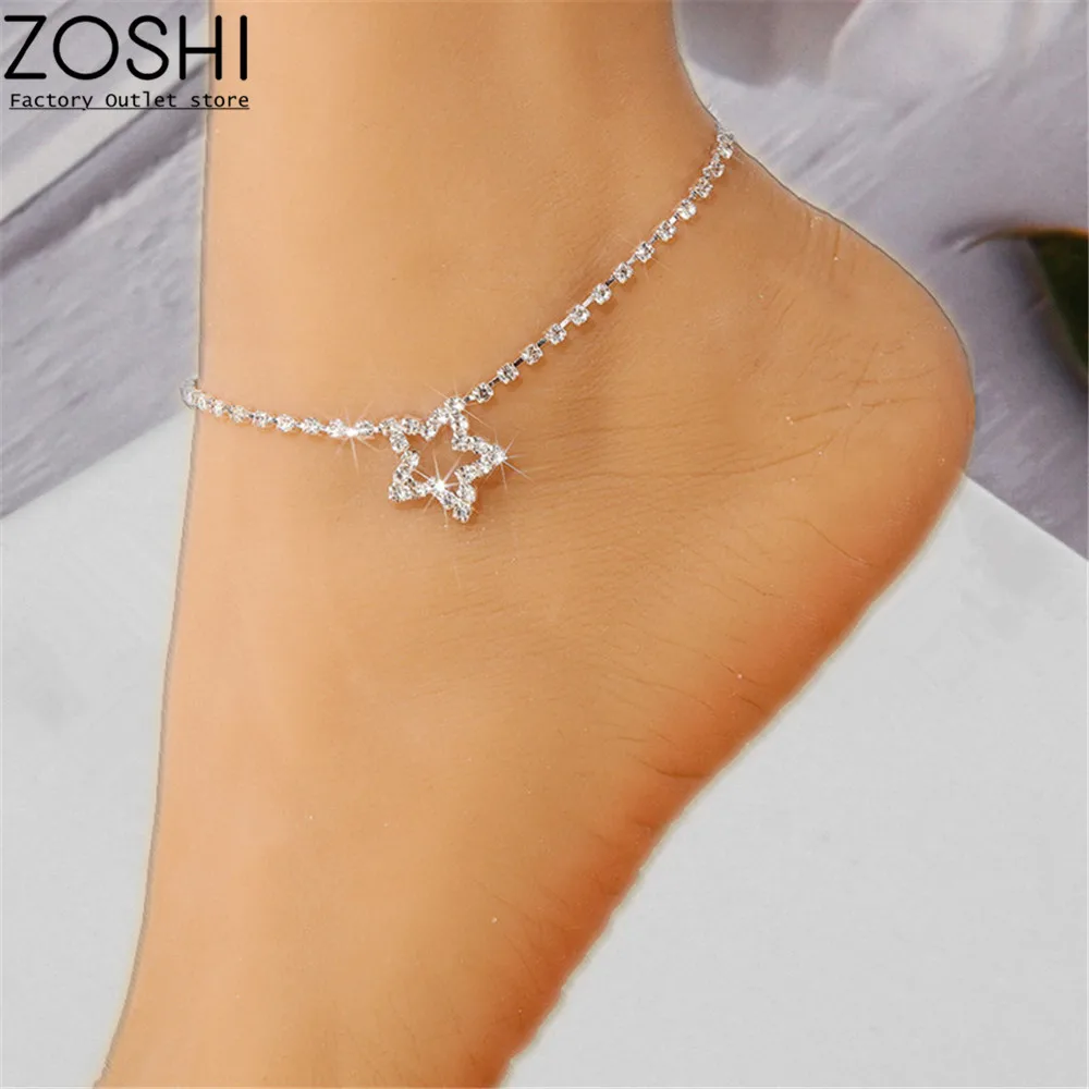 

Simple Rhinestone Star Charms Tennis Chain Anklets for Women Gold/Silver Color Metal Chunky Ankle Bracelet Fashion Punk Jewelry