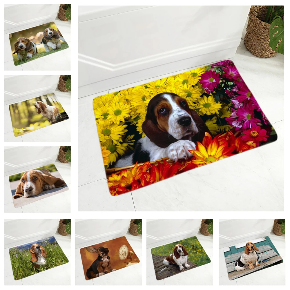 

Cute Pet Basset Hound Dog Floor Door Mat for Hallway Kitchen Room Decor Pet Animal Doormat Non-Slip Soft Flannel 40x60cm Rug