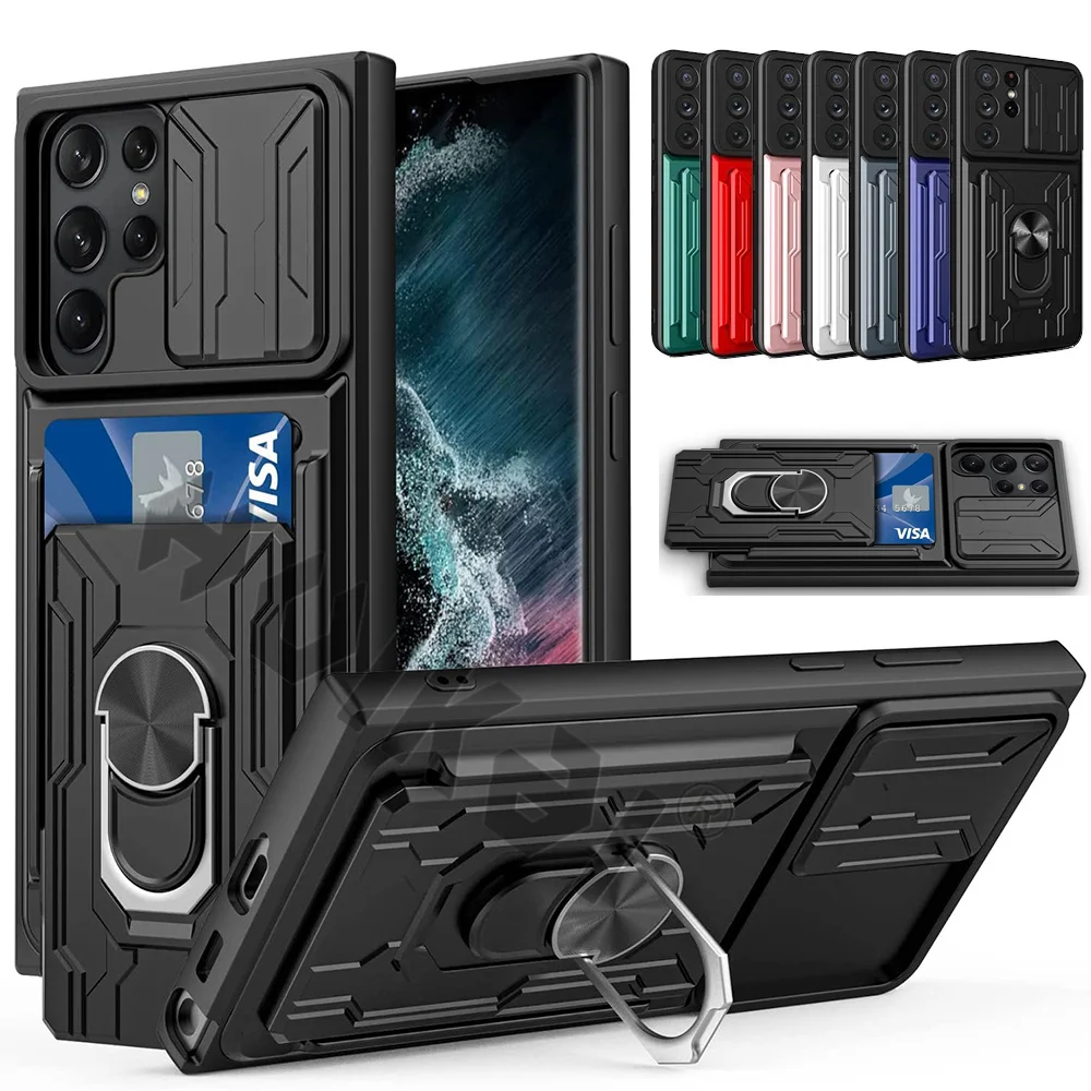 

For Samsung S22 S21 FE Ultra Plus Case Card Holder Hidden Wallet Credit Pocket 360° Rotate Kickstand Ring Stand Heavy Duty Cover