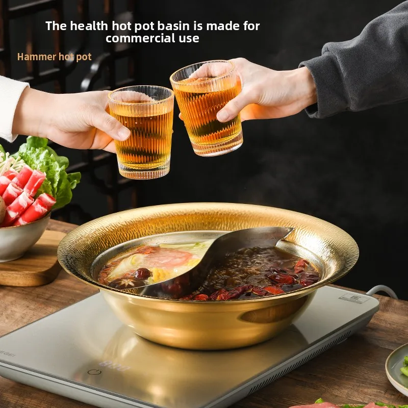 Фото Коммерческий утолщенный котелок из нержавеющей стали 304 с молотковым узором, для двух видов блюд, для индукционных и газовых плит, для приготовления прозрачных супов и горячих блюд №4