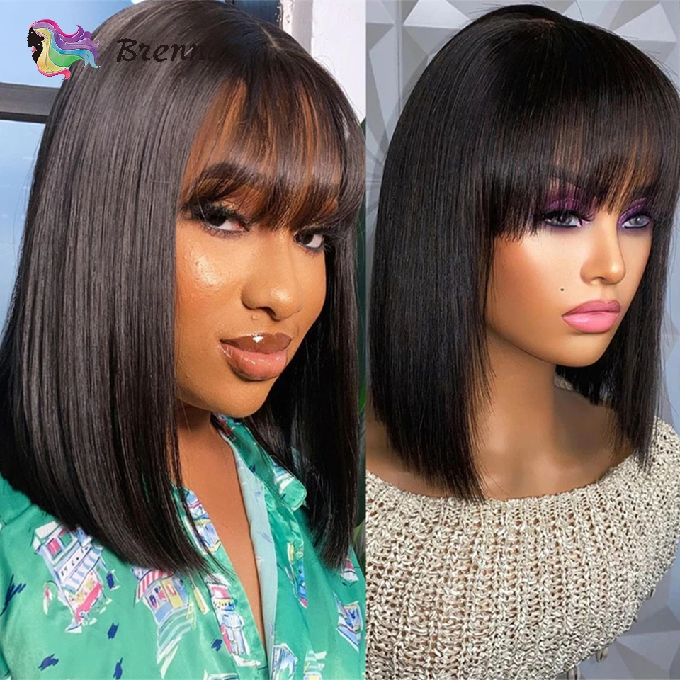 Human Hair Wigs Brazilian Straight Bob Wig With Bangs For Black Women Natural Color Full Machine Made Wig Remy Hair Glueless Wig