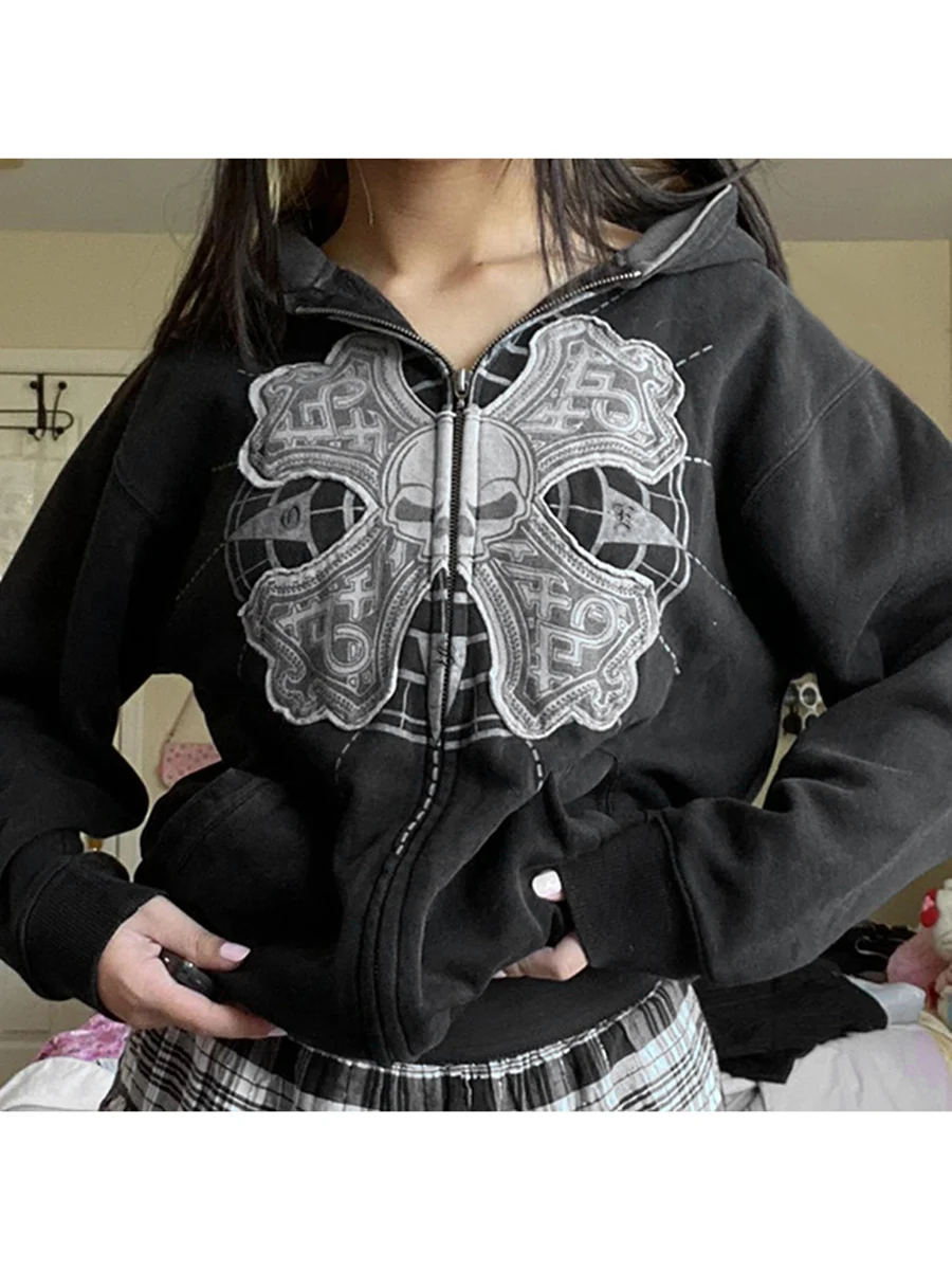 

Women's Black Hooded Jacket Gothic Vintage Skull Print Long Sleeve Zip Pocket Loose Jacket Casual Street Style Top