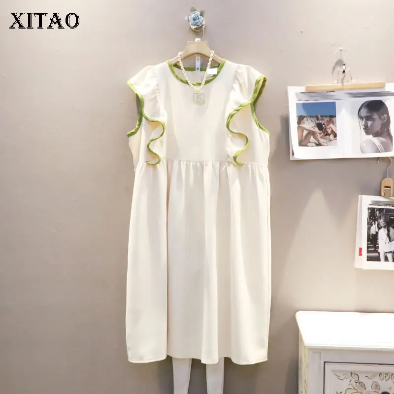 

Платье без рукавов XITAO, модное контрастное платье с оборками, простой пуловер с круглым вырезом и воротником, новинка 2022, для женщин, WMD4489