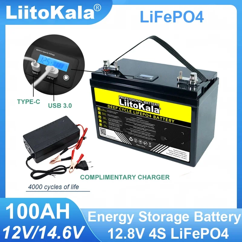 LiitoKala 12 8 В 100 Ач LiFePO4 аккумулятор 4 с литий-железо-фосфатный инвертор тележки для